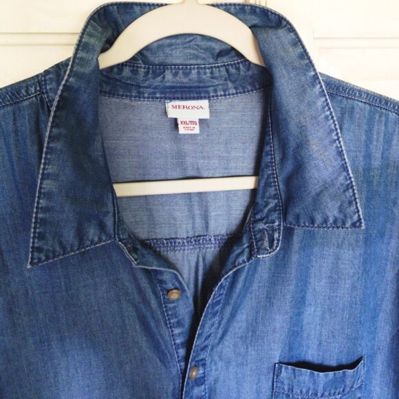 Merona Denim Cap Sleeves Fixed Waist Button Down Short Dress w/Scarf SZ XXL EUC - Picture 5 of 8